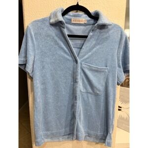 MESHKI Terry Cloth Button Up Shirt Blue Short Sleeve Collared Pocket Size S